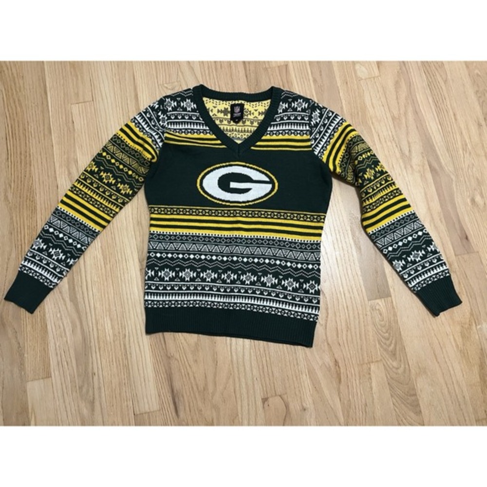 Team Apparel Green Bay Packers Fair Isle V-Neck Sweater Green Gold Mens M